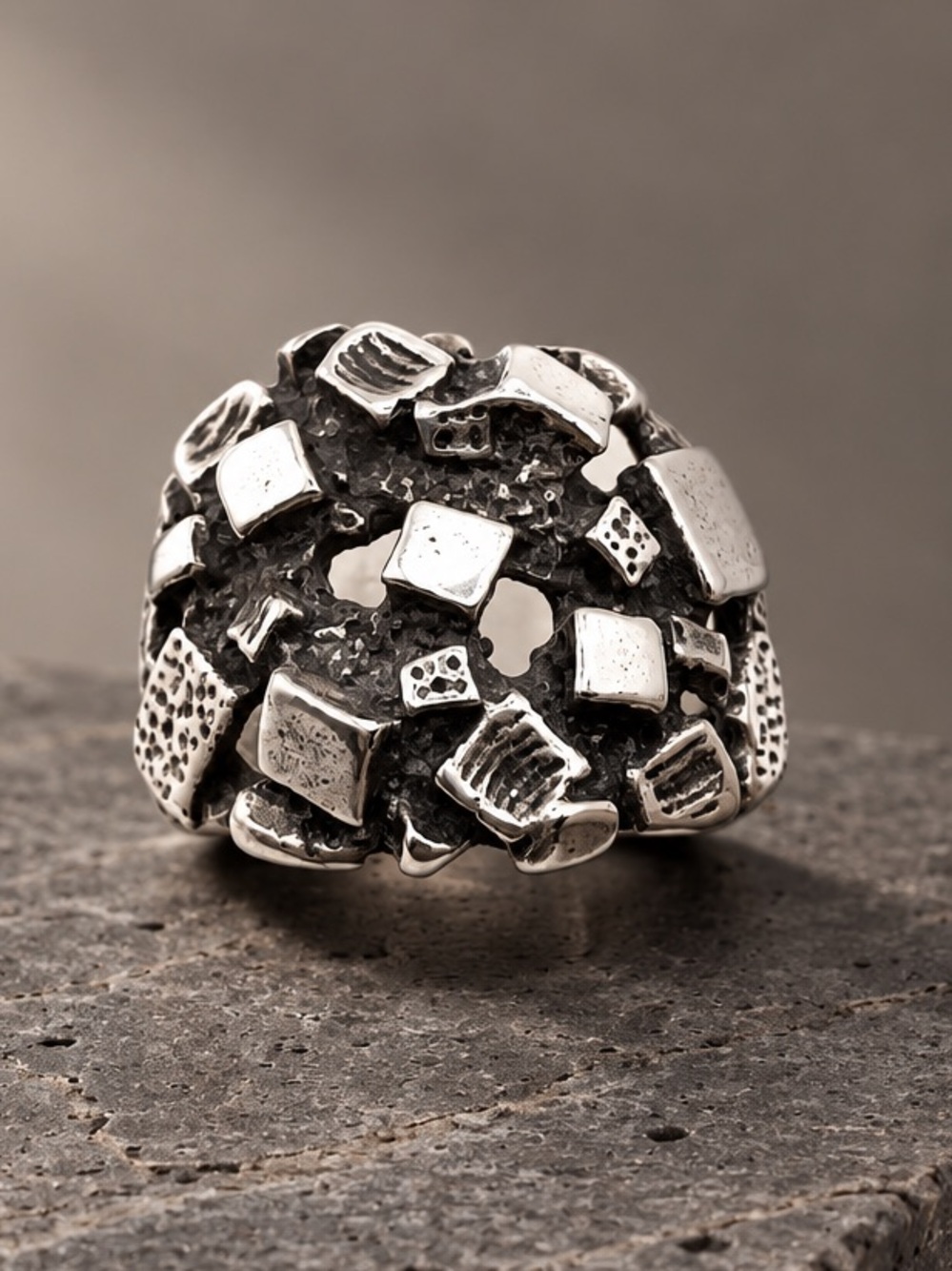 Size 9.5 Vintage Brutalist 925 Sterling Silver Textured Cube Ring